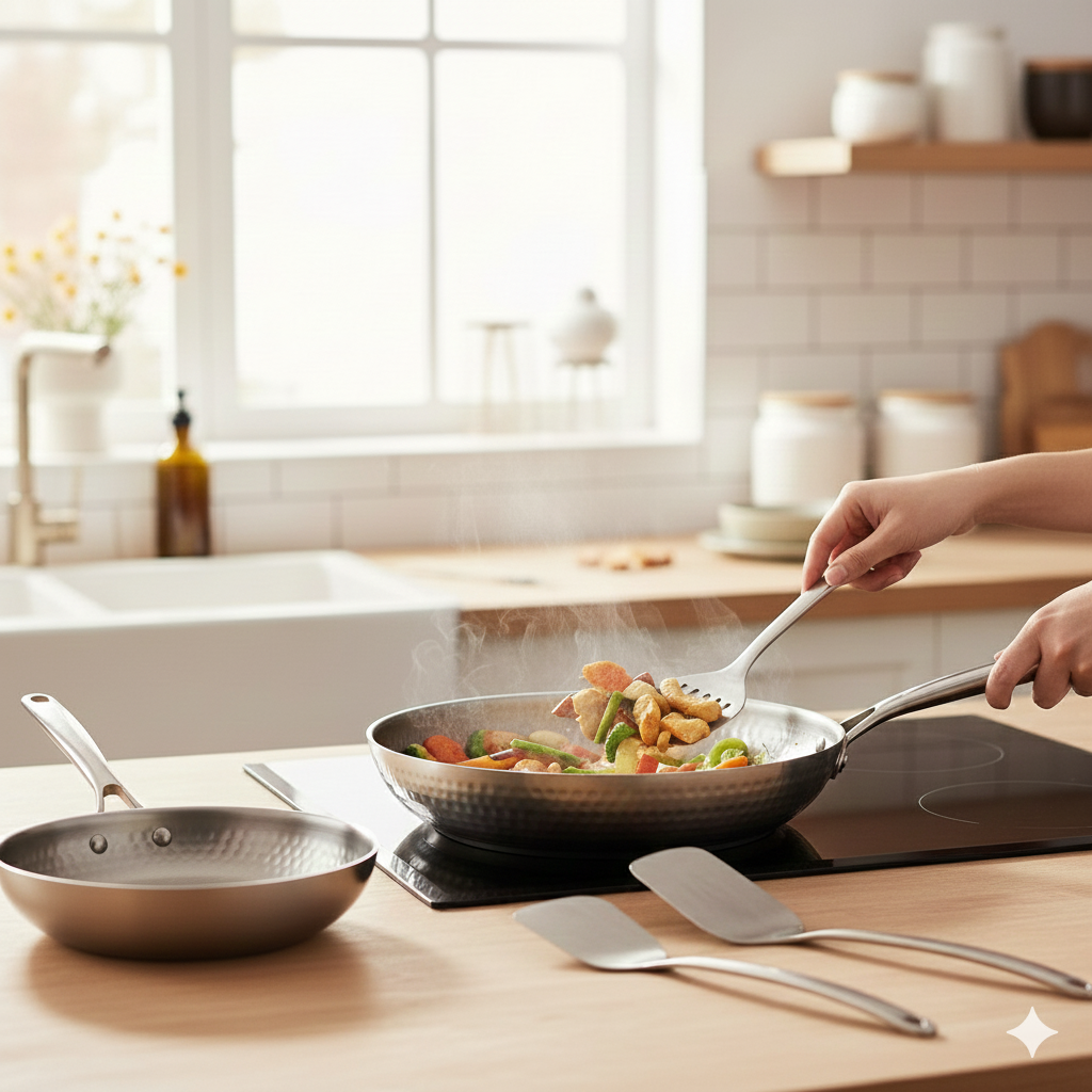 Handhamrade titanpannor i duo-set