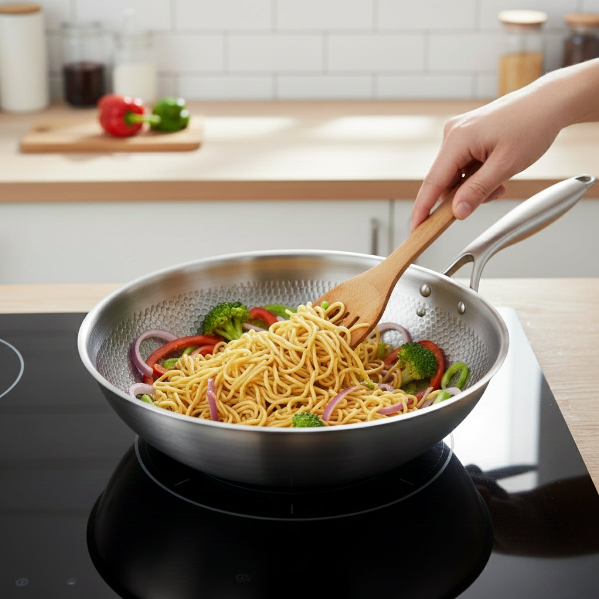 Handhamrad wokpanna i titan med platt botten