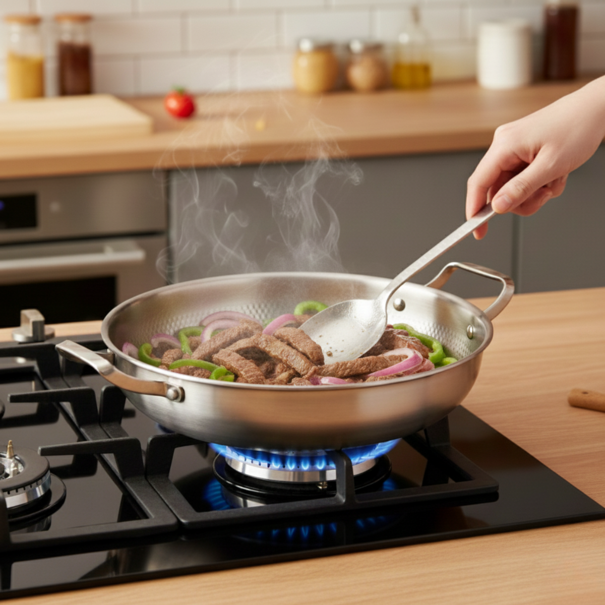 Handhamrad titanpanna med två handtag