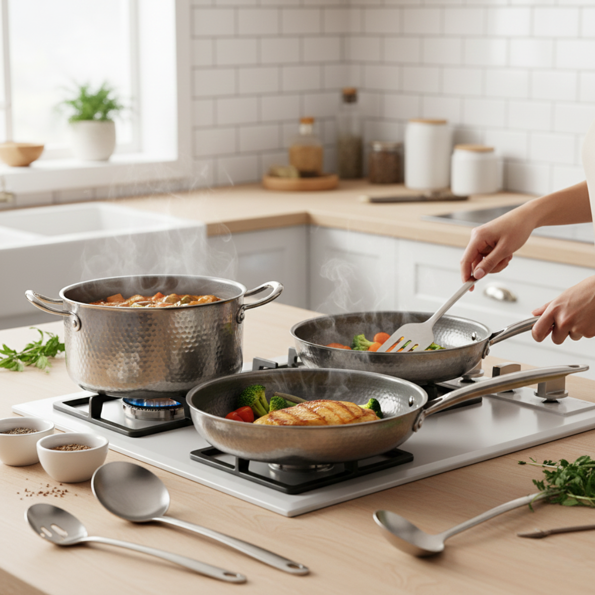 Handhamrat titanfamiljeset: 4 stekpannor och redskap