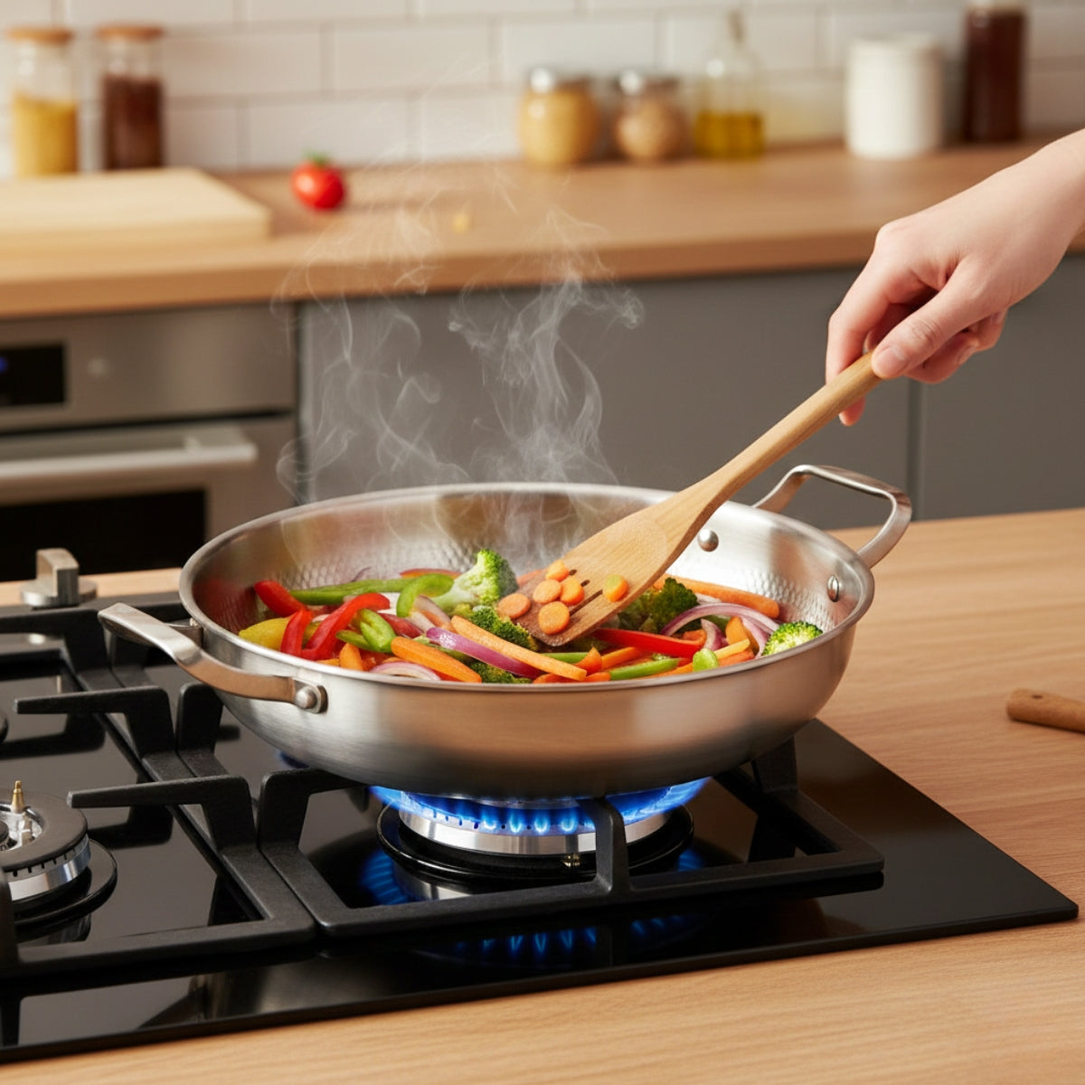 Handhamrad titanpanna med två handtag