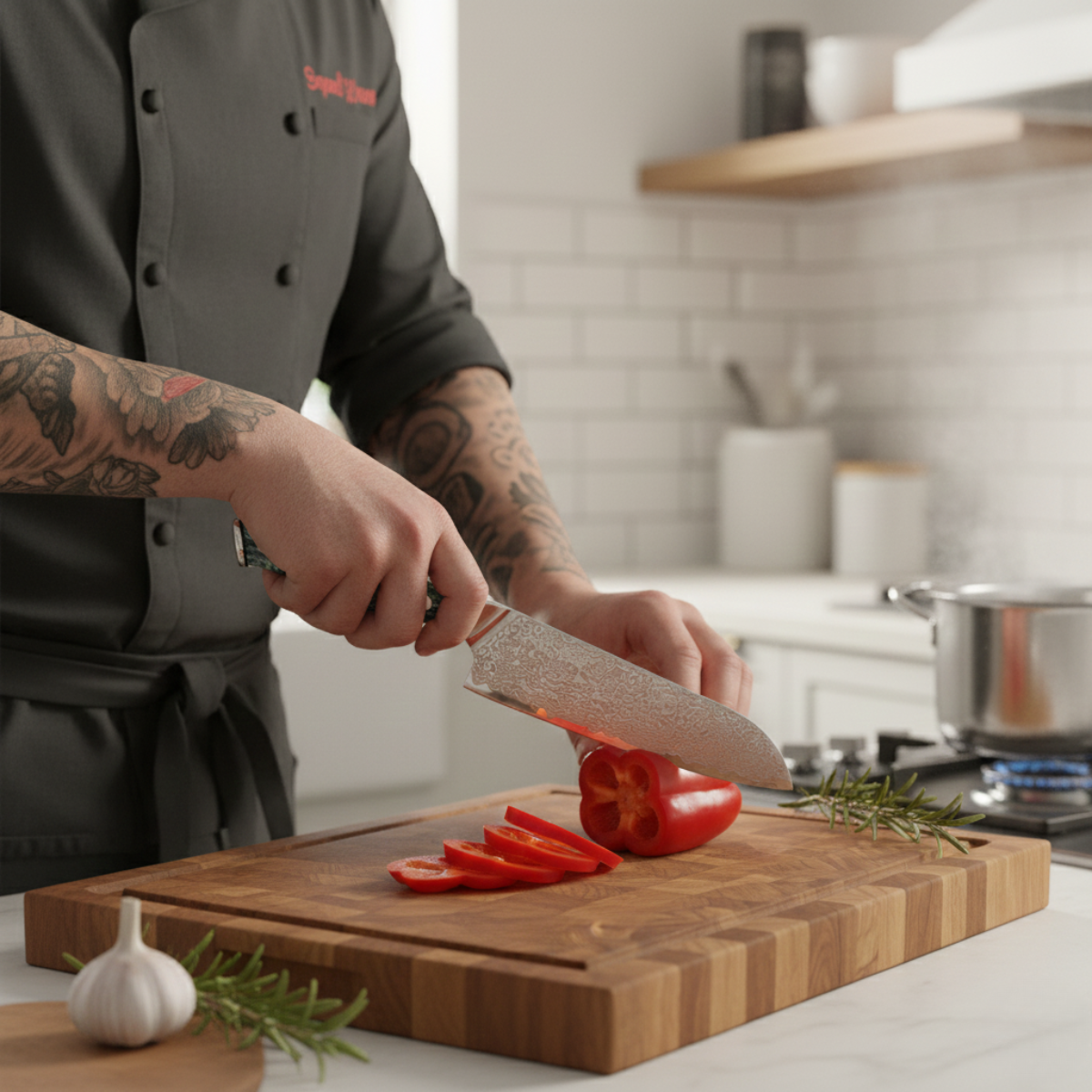 Japansk Damaskus-kockkniv – 20 cm mångsidigt blad