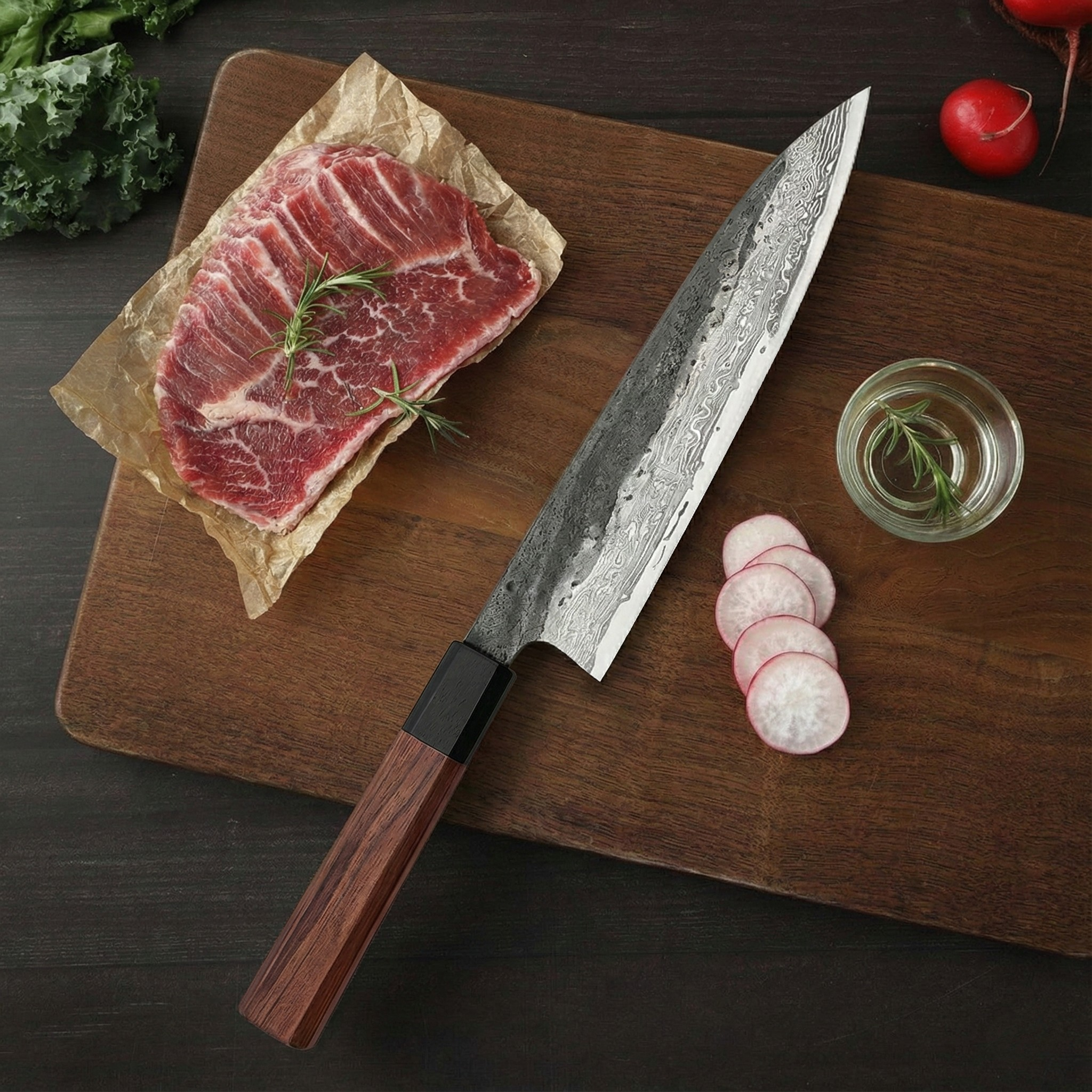 Kiritsuke-kniv, damaskusstålblad, järnträhandtag, 21,5 cm