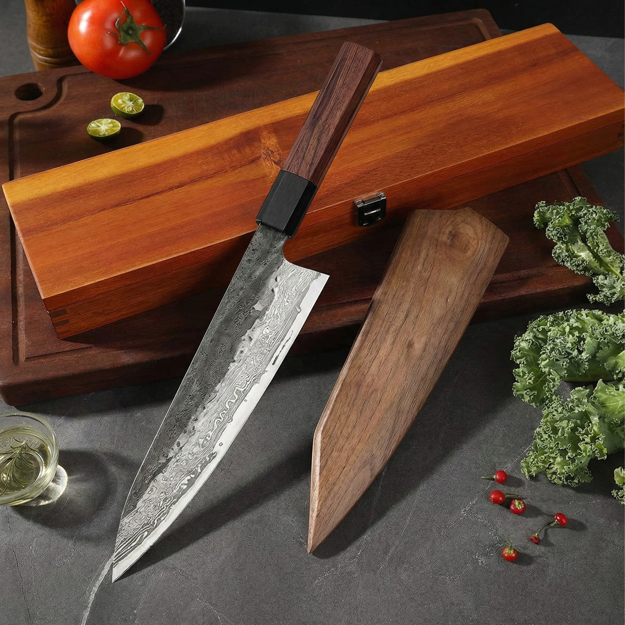 Kiritsuke-kniv, damaskusstålblad, järnträhandtag, 21,5 cm