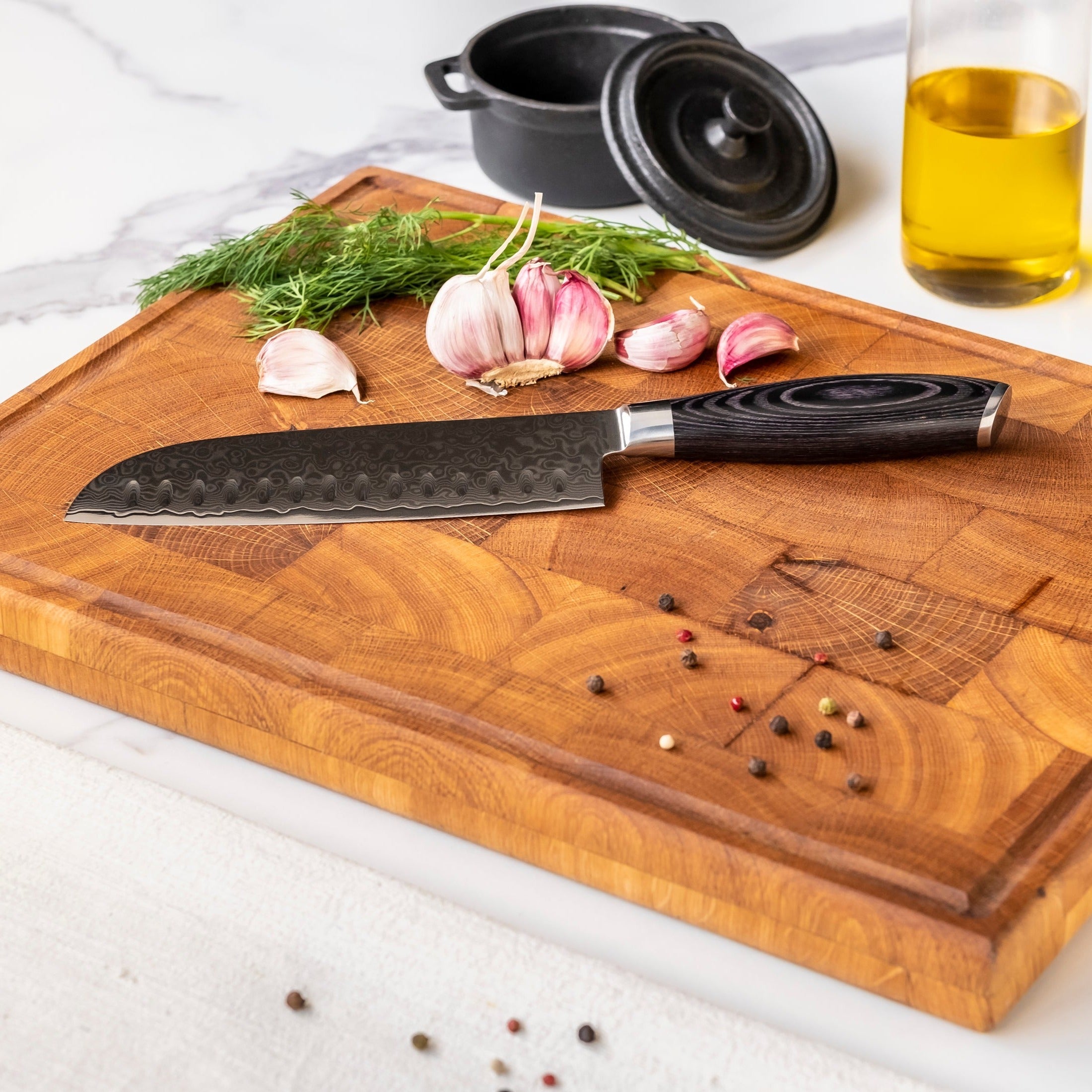 Japansk Damaskus-santokukniv – 18 cm mångsidigt blad